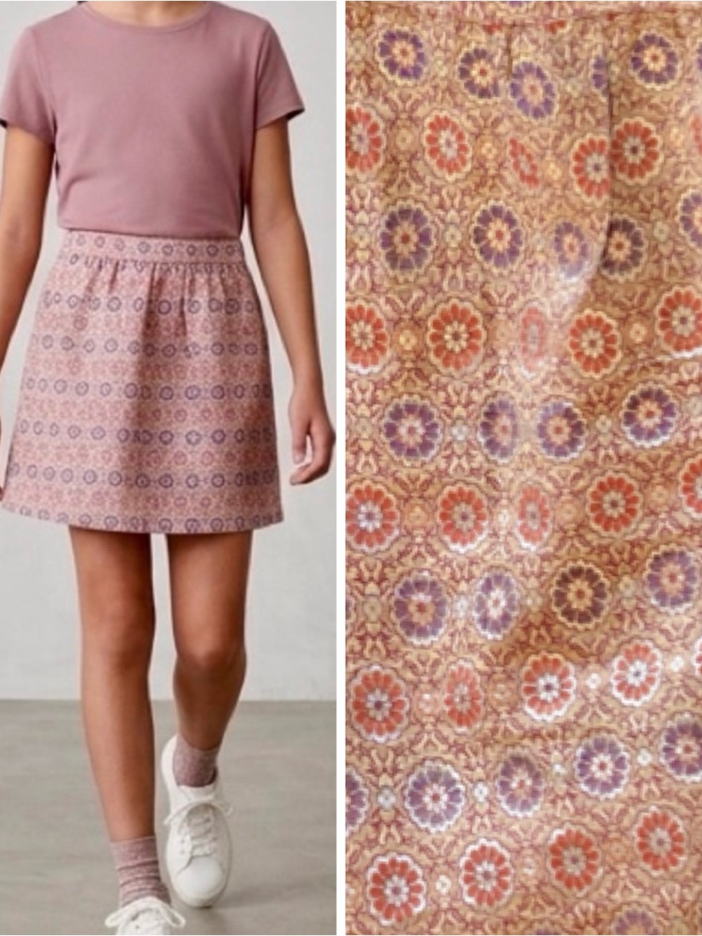 PEEK Metallic Gold Purple Brocade Lined Fancy Multicolor Floral Mini Skirt